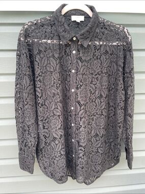 LOFT Black Lace Button-Down Shirt